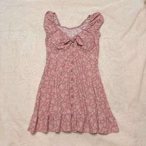 Pink Ditsy Floral Button Front Mini Dress Cottagecore Coquette Bow Ruffle L